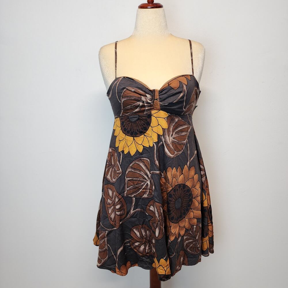 MOB Retro Floral Cami Babydoll Dress Size M/L Brown Sweetheart Neck Vintage Y2K